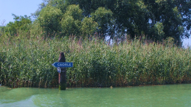 Ein Wegweiser nach Caorle im Wasser