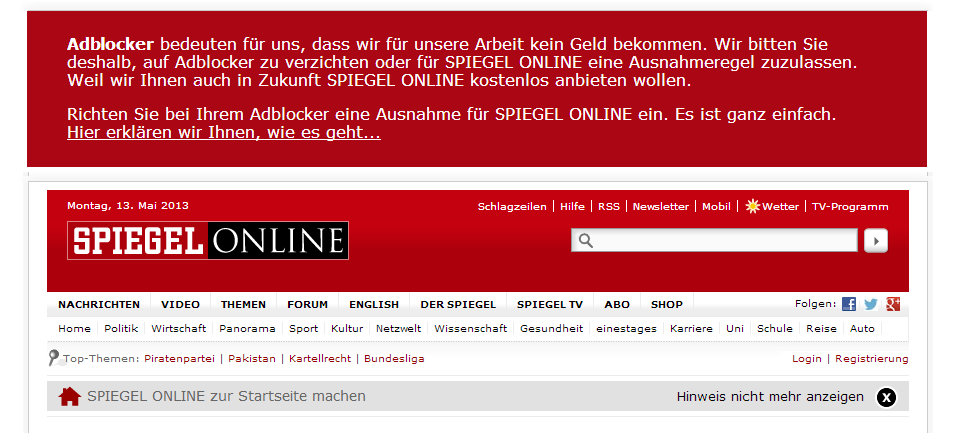 Adblocker-Hinweis bei Spiegel Online